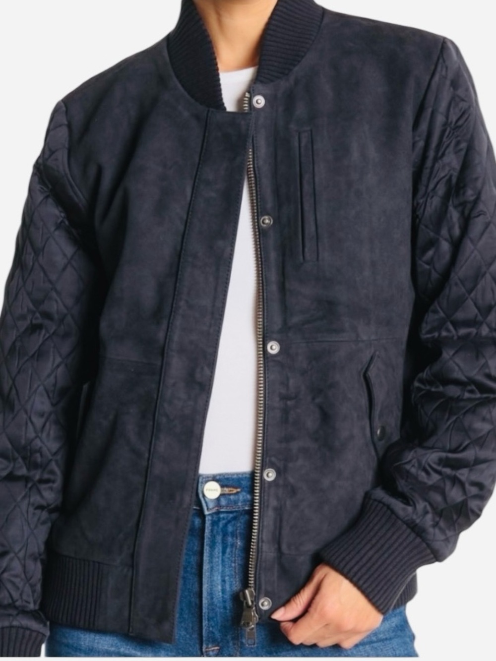 Michael Stars Goat Suede Quilted Sleeve Bomber Jacket Black Small Zip Leather